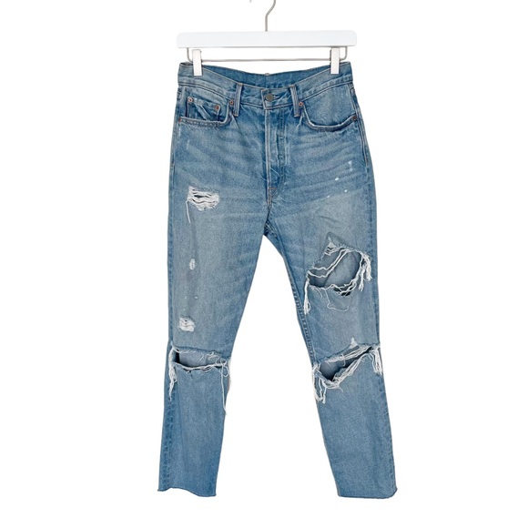 GRLFRND Denim - GRLFRND Karolina Button Fly High Rise Straight Leg Raw Hem Jeans